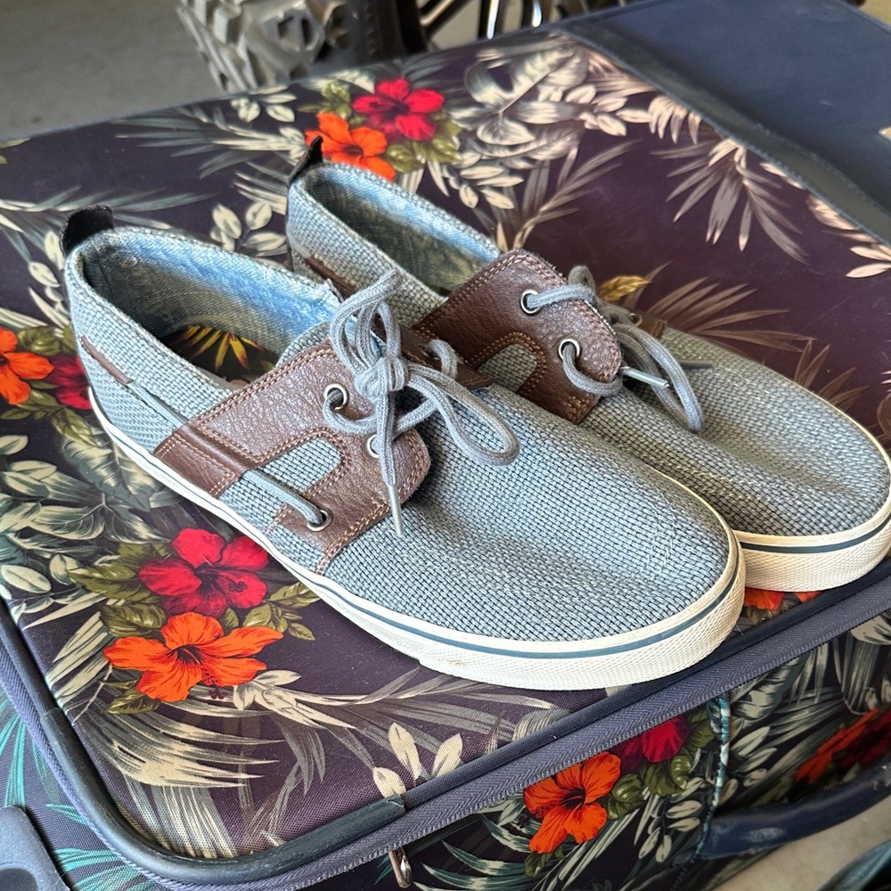 Tommy Bahama Blue Canvas Boat Shoes with Brown Trim